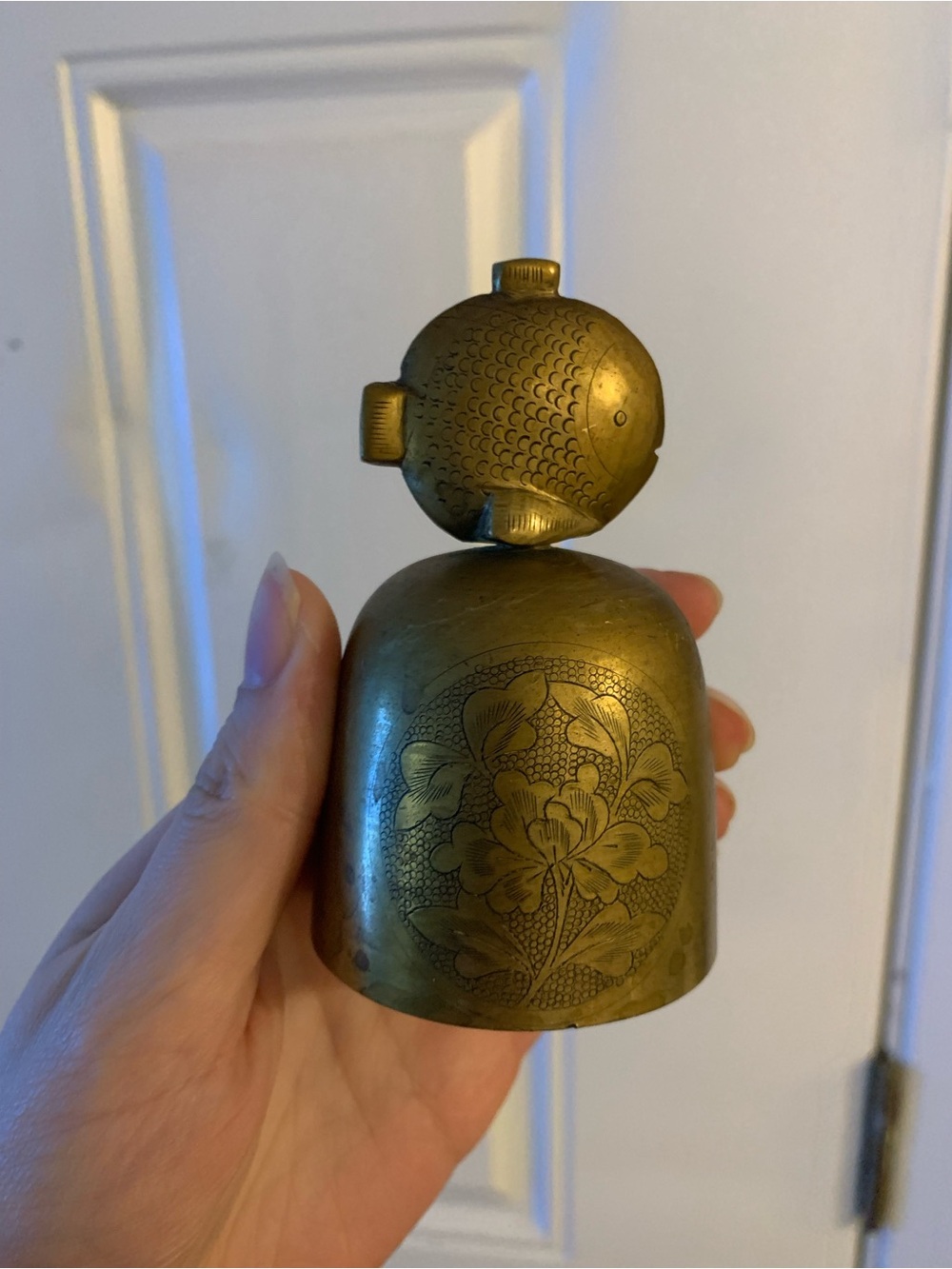Vintage Chinese Brass Dinner Bell Fish Carp Handle Etched Peony Flower 3.5"